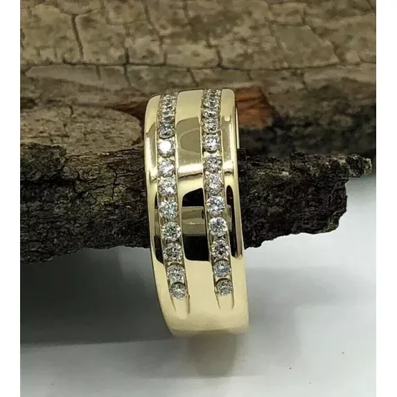 Men's 2.00Ct Round Cut Simulated Diamond Two Row Men's Valentine Wedding Band Ring 14K Yellow Gold Plated Silver