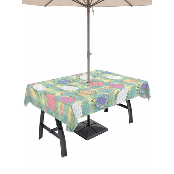 Easter Bunny Outdoor Tablecloth - 60x120 Inch Rectangle Dining Table Cover, Colorful Eggs Spring Leaves Daisy Yellow Green Check Waterproof Outdoor Table Cloth with Umbrella Hole & Zipper for Patio