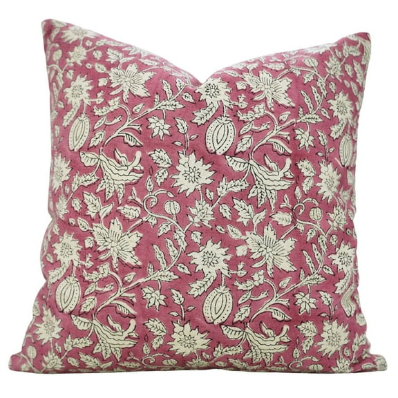 Fabdivine “Manikarnika” Pink Floral Block Print Cushion – Handmade Linen Blend Pillow for Farmhouse & Boho Décor