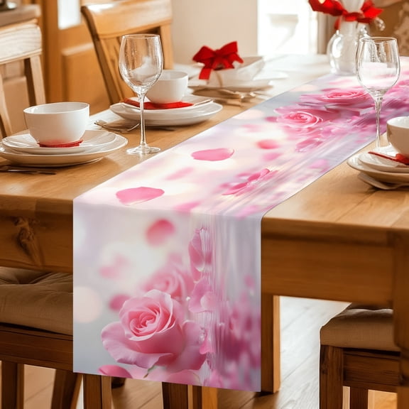 Table Runner Pastoral Pink Rose Flower Dresser Scarves 13x36 Inch,Linen Table Runners Modern Floral Theme Tablerunner for Home Dining Indoor Outdoor Wedding Party Tabletop Decor