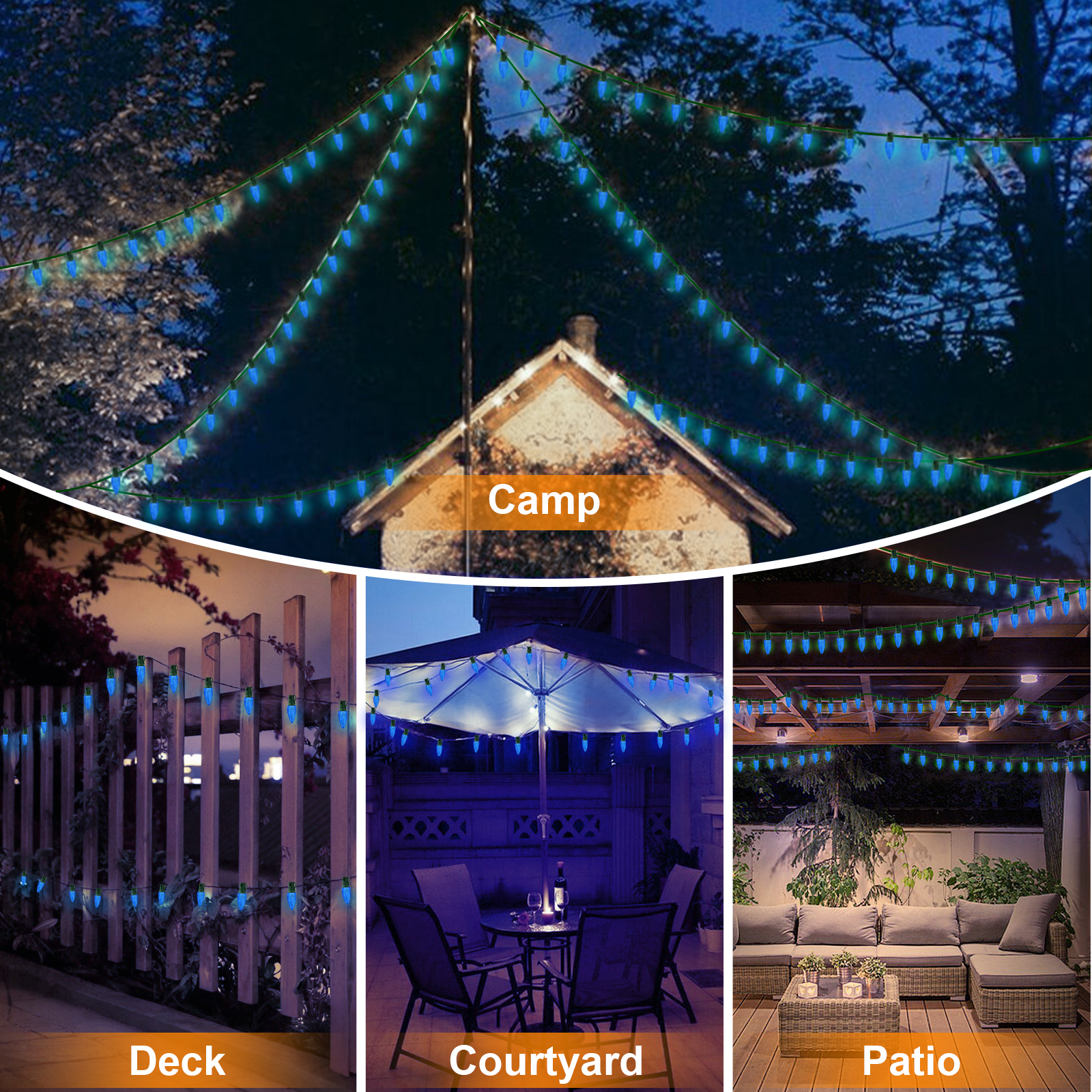 LAMPHOME Blue C9 Christmas String Light Outdoor, 25FT Shatterproof LED for House Rooflines & Pathways, Connectable Waterproof Vintage Christmas Light for Tree, Yard, Patio, Porch, Garden