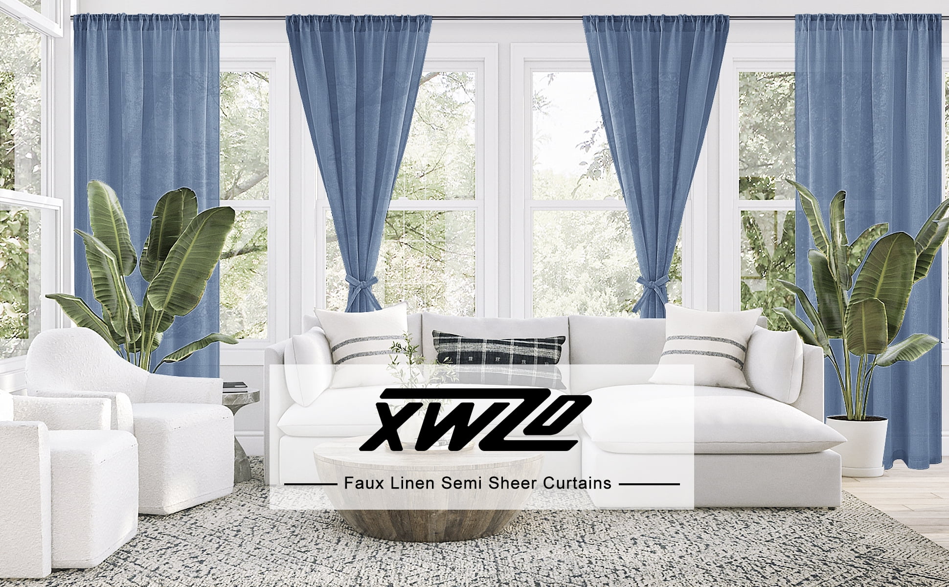 XWZO Semi Sheer Linen Curtains,Privacy Enhancing & Light Filtering Rod Pocket Drapes for Living Room with Tiebacks(Denim,W52 x L84 Inch,2 Panels)