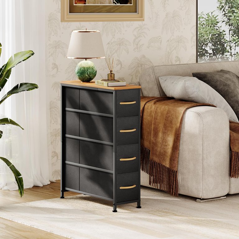 narrow dresser for bedroom 4 Drawer Narrow Fabric Dresser Storage Tower With Wood Top Black