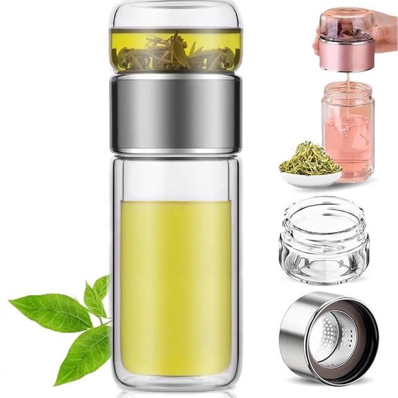 Glass Infuser, 3-in-1 Smart Tea Maker with Stainless Steel Filter, Leak-Proof for Loose Leaf & Blooming Tea