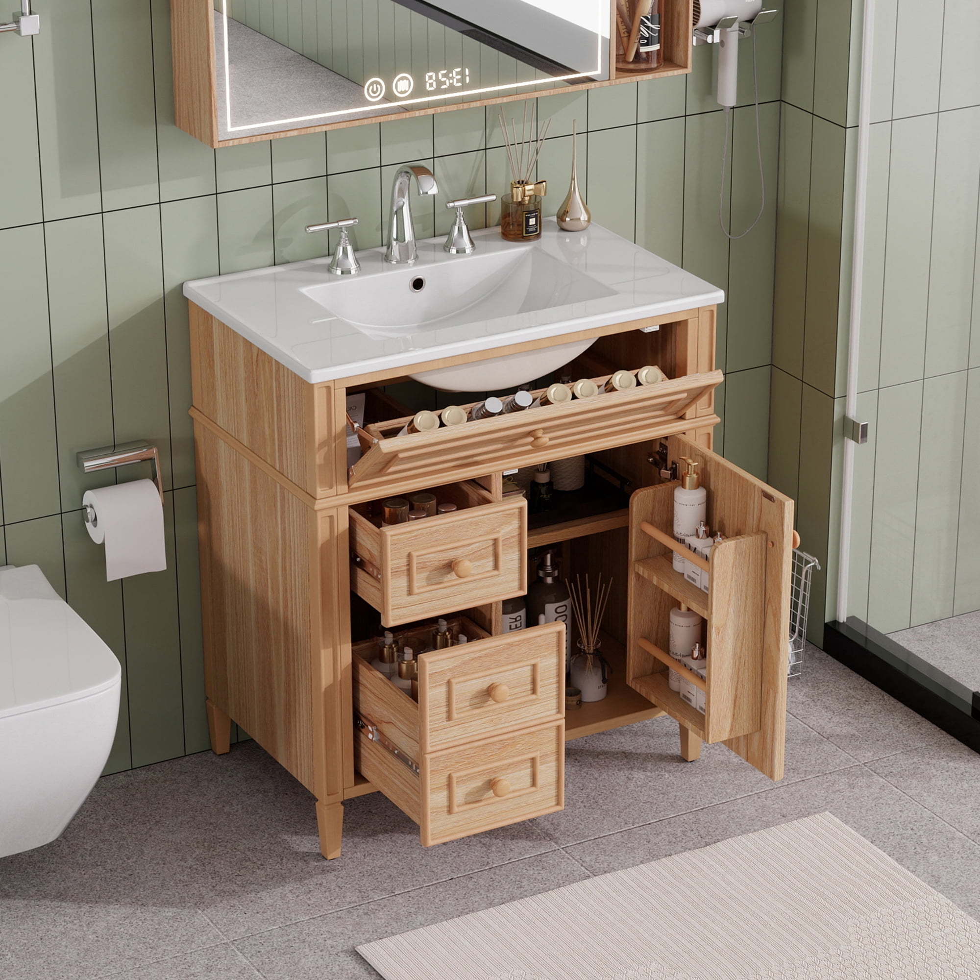 Euroco 30" Bathroom Vanity with Sink, Wood Vanity Cabinet with Flip-Out Drawer, 2 Soft-Close Drawers, 1 Soft-Close Door, Solid Wood & MDF, Elegant Wood Handles