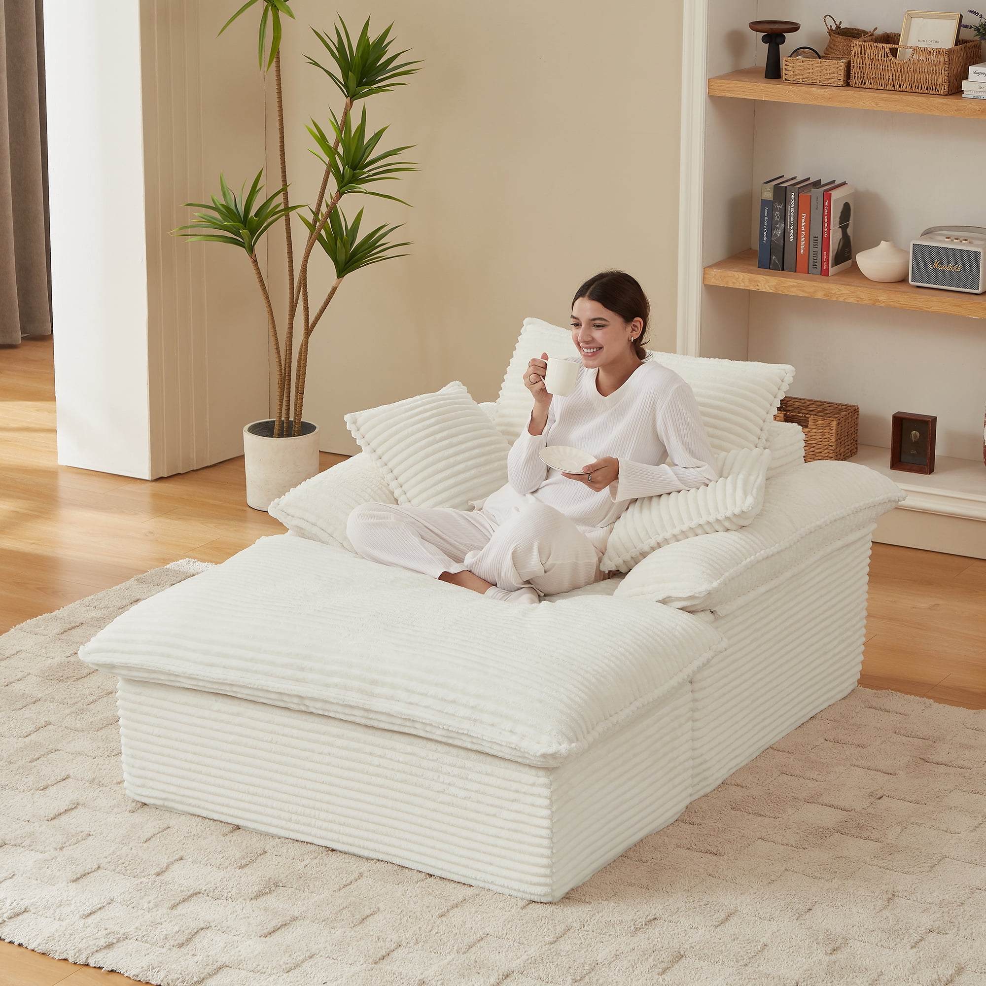 Miniyam Corduroy Chaise Lounge Chair with Ottoman, Oversized Modular Sofa Bed Couch for Living Room, Bedroom or Small Spaces, White