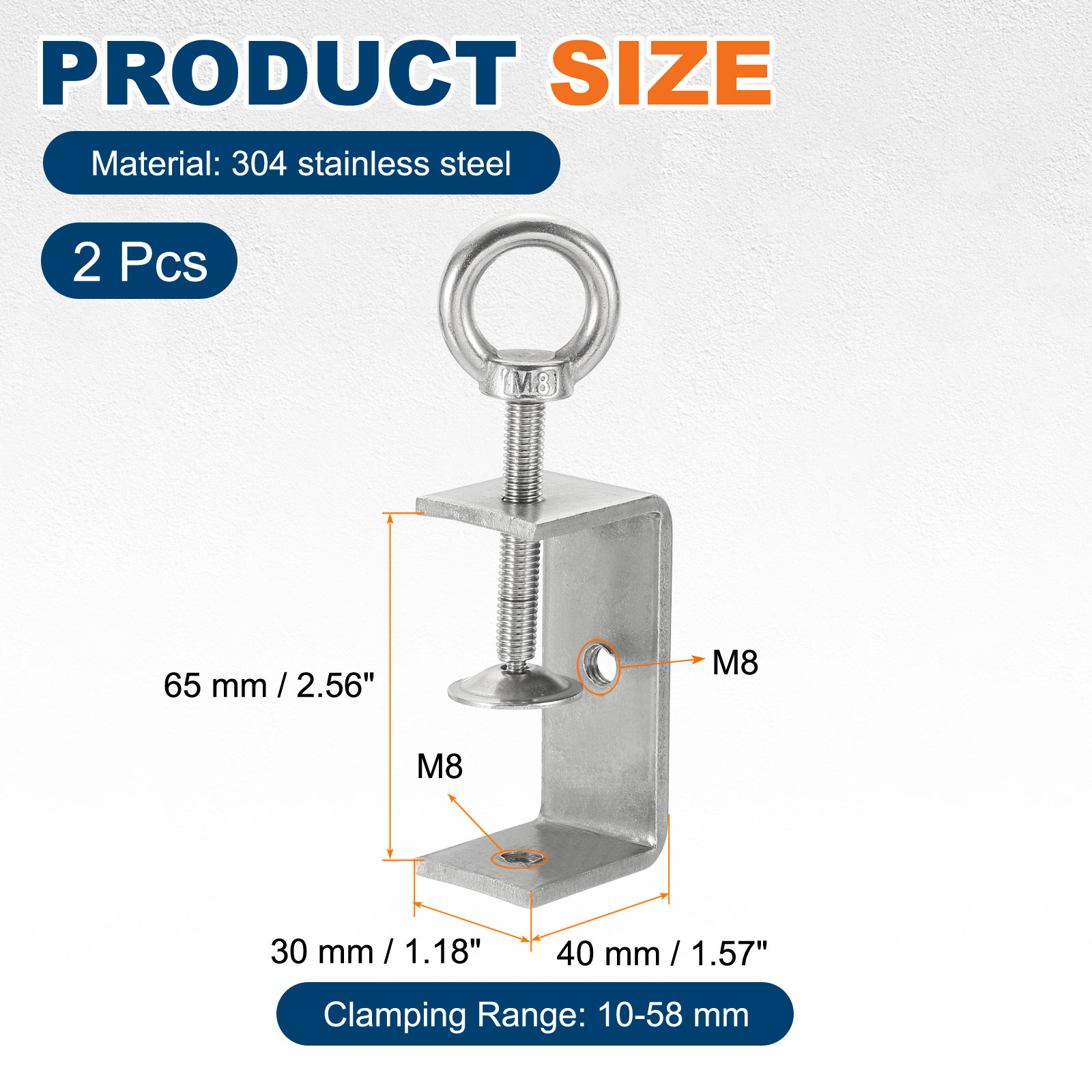 Uxcell2 Pcs 304 Stainless Steel C Clamps 40mm Square Mini Tiger Clamp Adjustable Heavy Duty Metal U Clip with Eye Hook Screw for Woodworking Welding Mounting, Silver