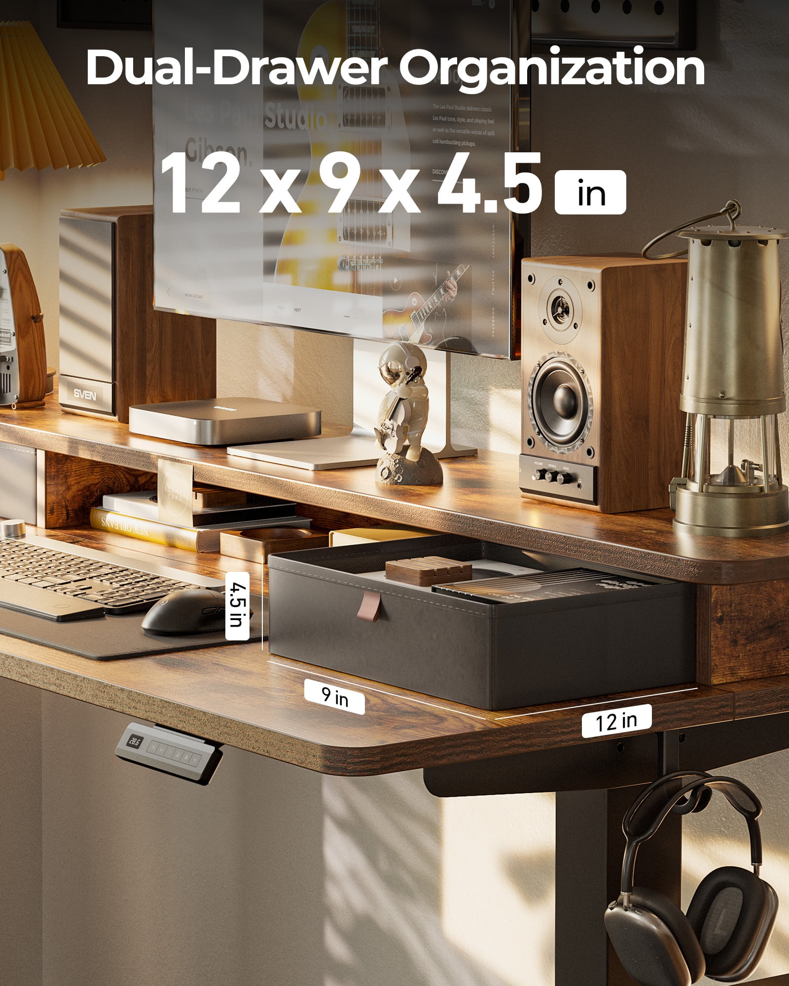 DESINO 40" x 24" Height Adjustable Electric Standing Desk with Double Drawers, Stand Up Desk with Storage Shelf, Home Office Desk Workstation with Splice Board, Rustic Brown