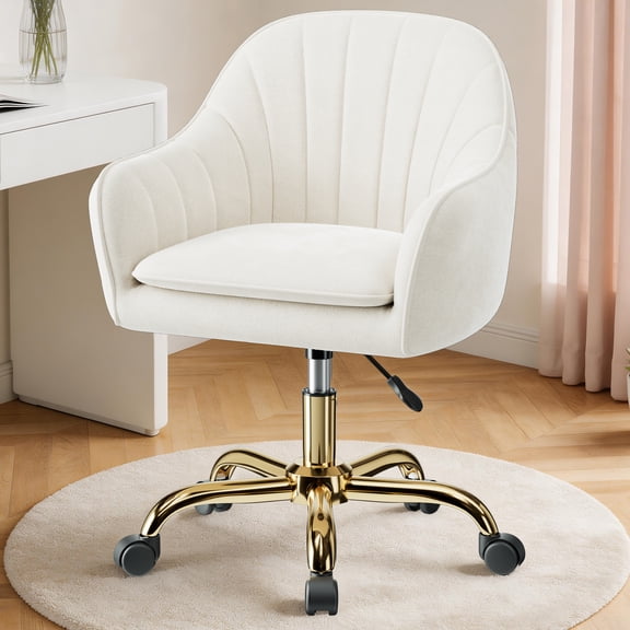 COOLHUT Office Desk Chair with Padded, Velvet Vanity Chair with Back and Wheels, Comfy Home Office Chiar with Gold Legs, Height Adjustable, Rolling Chair for Vanity Room, Makeup Room, Bedroom, Beige