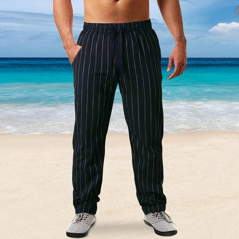 Brand Men's Pinstripe Pants Casual Elastic Long Trousers Cotton