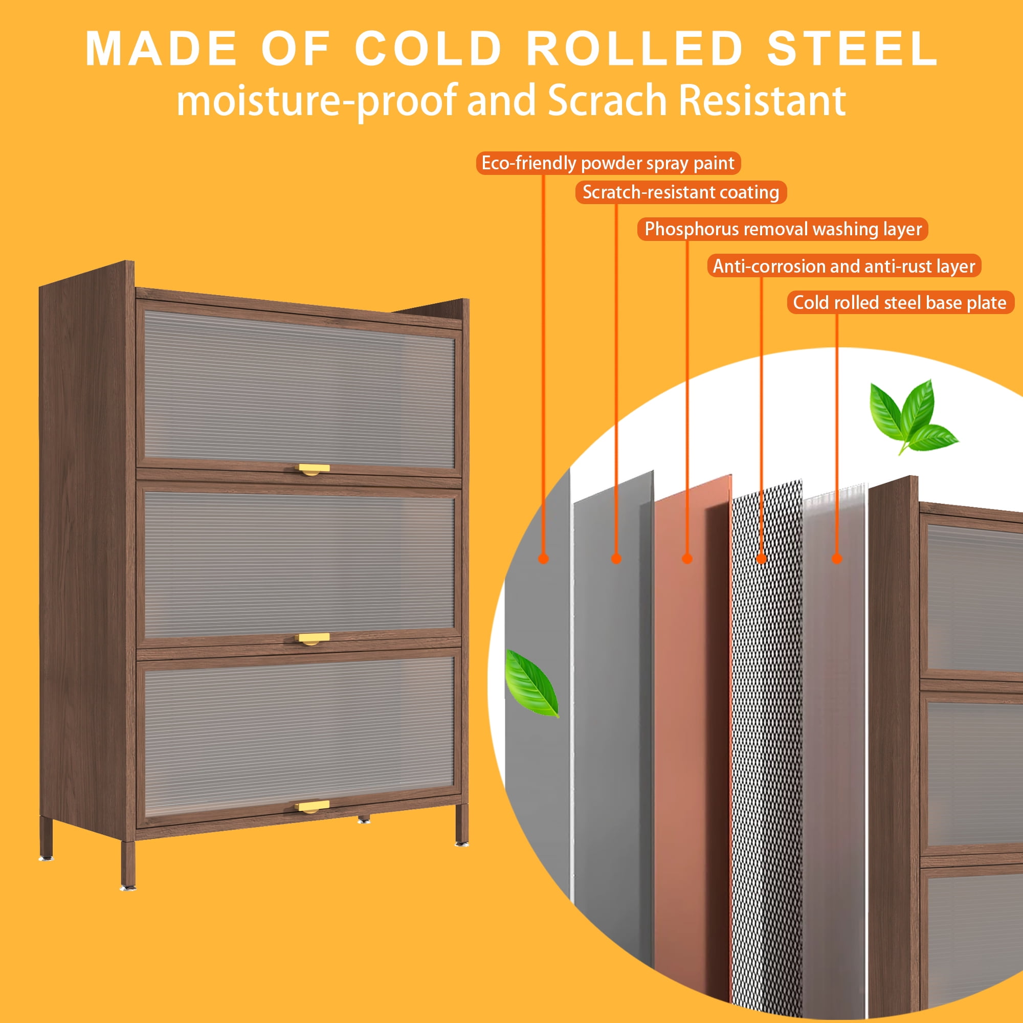 Mintazer Metal Pantry Cabinet, Storage Cabinet with 3 Flip Doors for Kitchen, Living Room, Dining Room, Office, Brown