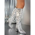 thumbnail image 3 of Women's Fashion Thick Heel Pointed Toe Metal Shiny Thigh High Boots, All-Match Western Rider Motorcycle Boot For Winter, Silver High Heels,Y2k Shoe-SIZE 40, 3 of 5
