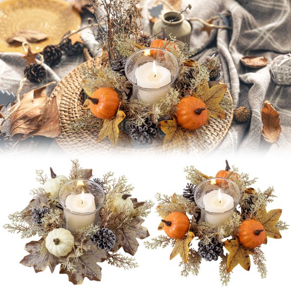 Mifelio Halloween Fall Candle Ring Wreath, Artificial Pumpkin Pinecone Maple Leaves Pillar Candle Holder, Thanksgiving Table Centerpiece for Home Mantel Decor, #01
