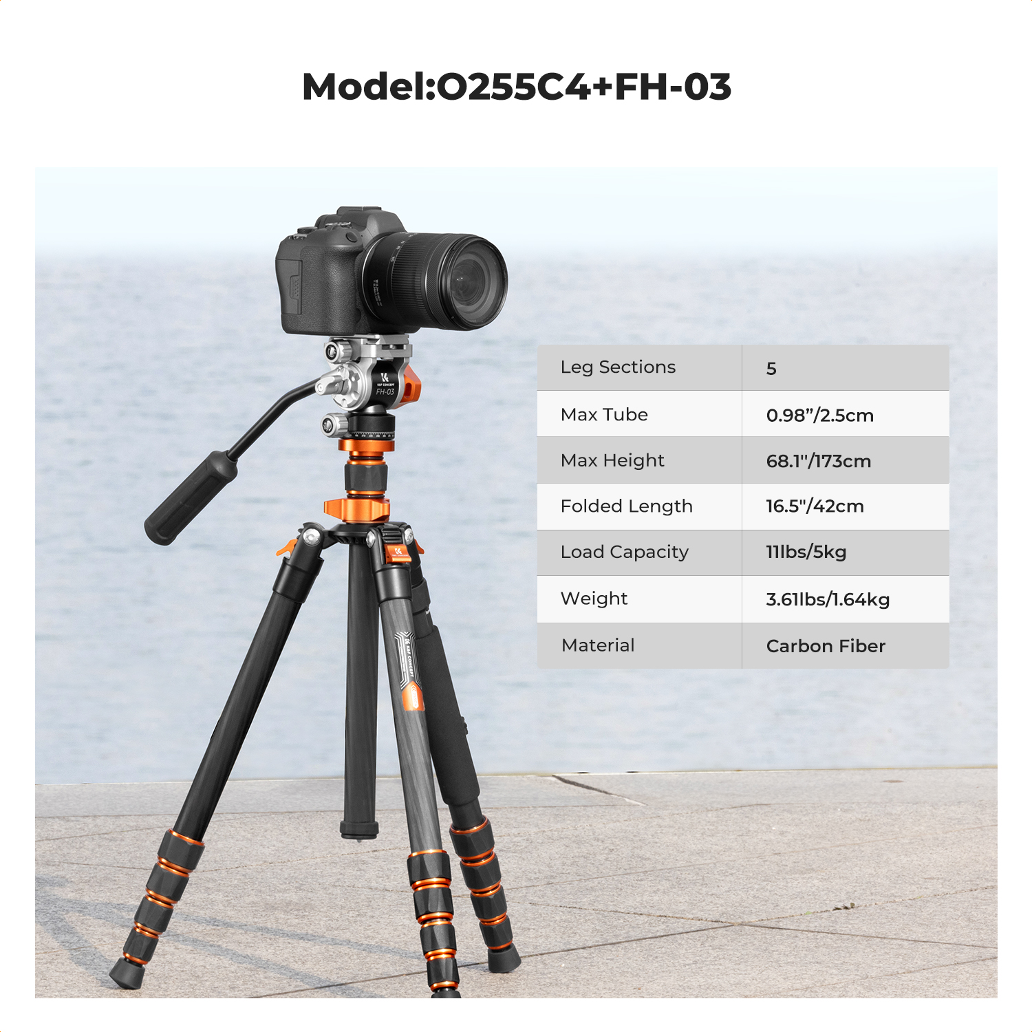 K&F CONCEPT 67"/1.7m Carbon Fiber Lightweight Camera Tripod with Hydraulic Video Tripod Head, Foldable, Detachable Single Leg, Metal Screw Lock