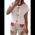 thumbnail image 3 of Suéter de Corta para Mujer, Cuello Redondo, Cárdigan de Punto de Crochet Calado, Camisas Casuales de Verano con Botones. M, 3 of 7