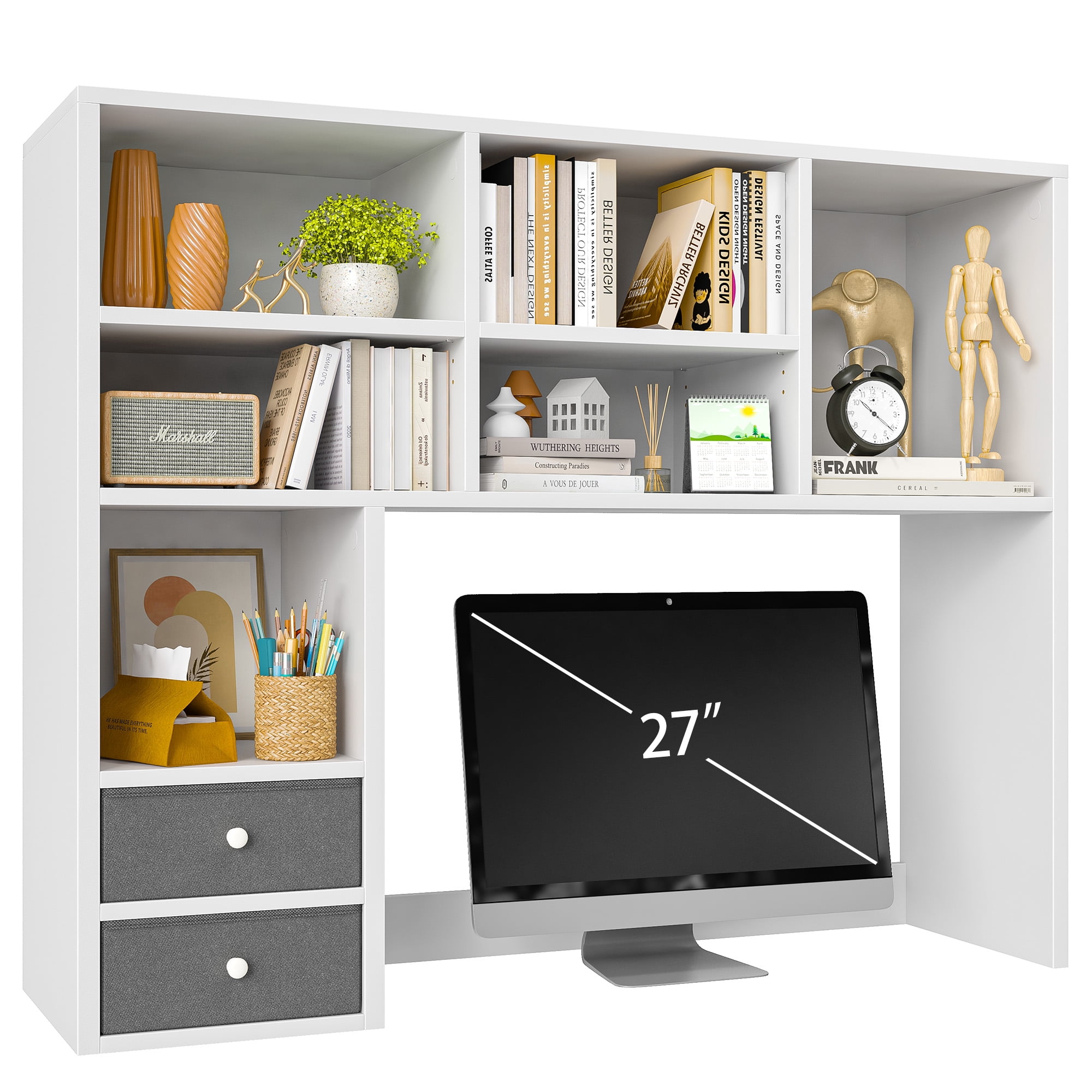 Desktop Bookshelf Wood Desk Hutch Organizer with 8 Shelves and 2 Drawers for Computer Desk,Adjustable 5-Tier Desk Storage Organizer,College Cube,Display Shelf Rack for Dorm Office Home,White
