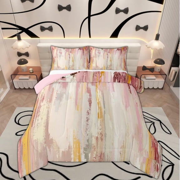 Manfei Pink Beige Ombre Bedding Comforter Set for Girls, Watercolor Oil Painting Twin Comforter Sets, Abstract Gradient Art Bedding Set, Ultra Soft Bedroom Decor, Reversible 2-Piece