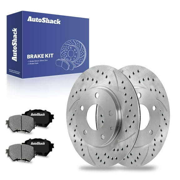 AutoShack 11.02" (279.9 mm) Front Vented Drilled & Slotted Brake Rotors Coated   Ceramic Brake Pads | Replacement for 2014-2016 Mazda 3 | Silver Zinc Coated | 6-PC Brake Kit | SilverShield Pro