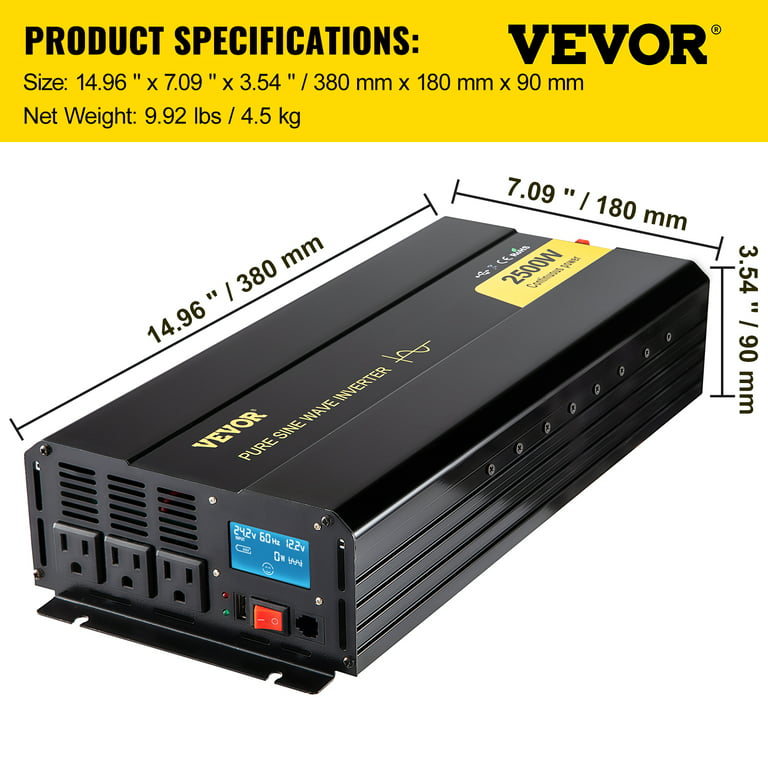 VEVOR Pure Sine Wave Inverter, 2500 Watt Power Inverter, DC 24V to AC 120V Car Inverter, with USB Port, LCD Display, and Remote Controller Power