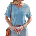 thumbnail image 3 of Short Sleeve Summer V Neck Women Solid Casual Tee Shirt with Pocket, 3 of 6