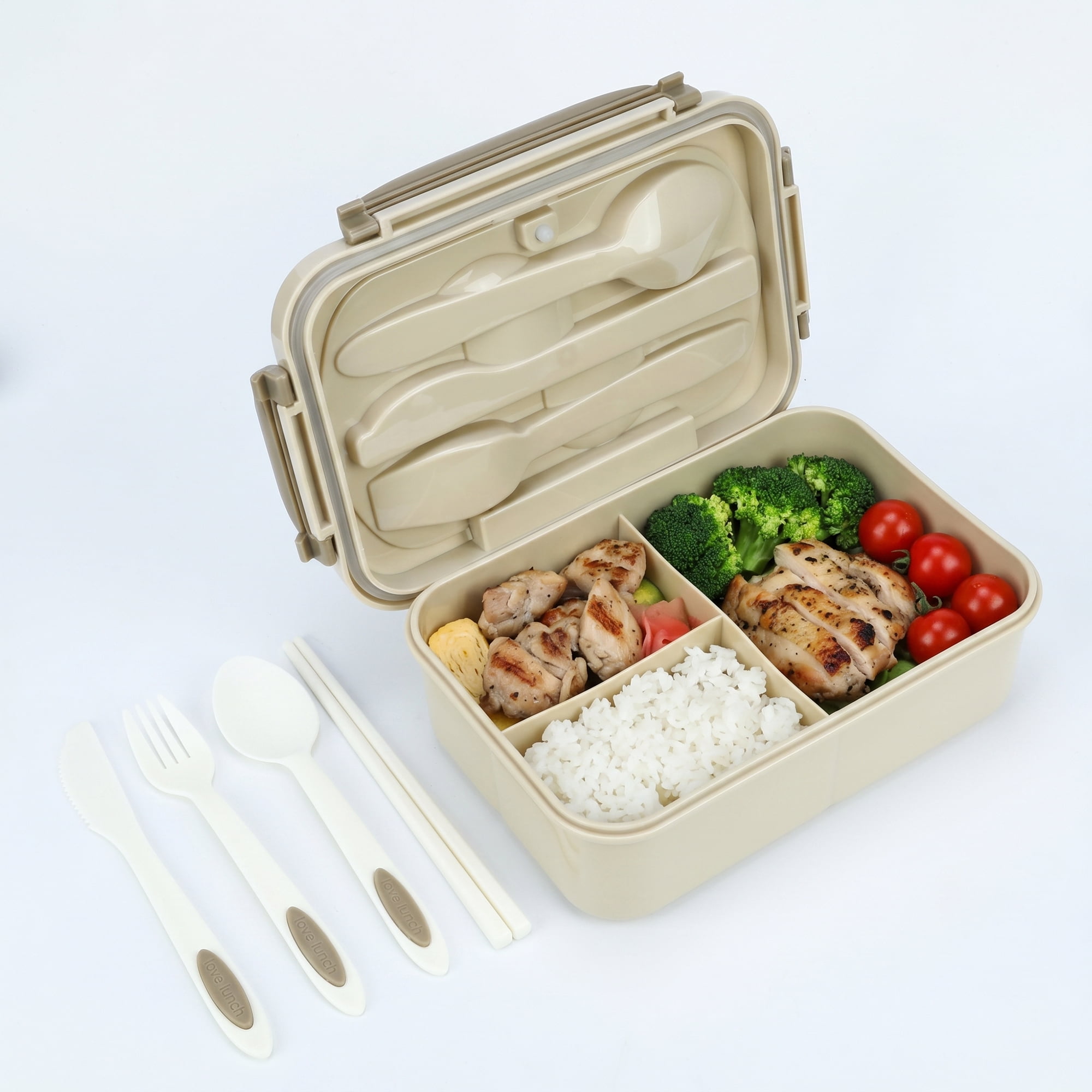 Unique Bargains 3-Compartment Leak-Proof  Lunch Bento Box with Utensils Khaki-1