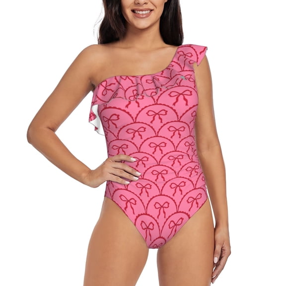 Rateoe red bows Pattern Women One Piece Swimsuits Tummy Control One Shoulder Bathing Suits Ruffle Swimwear-