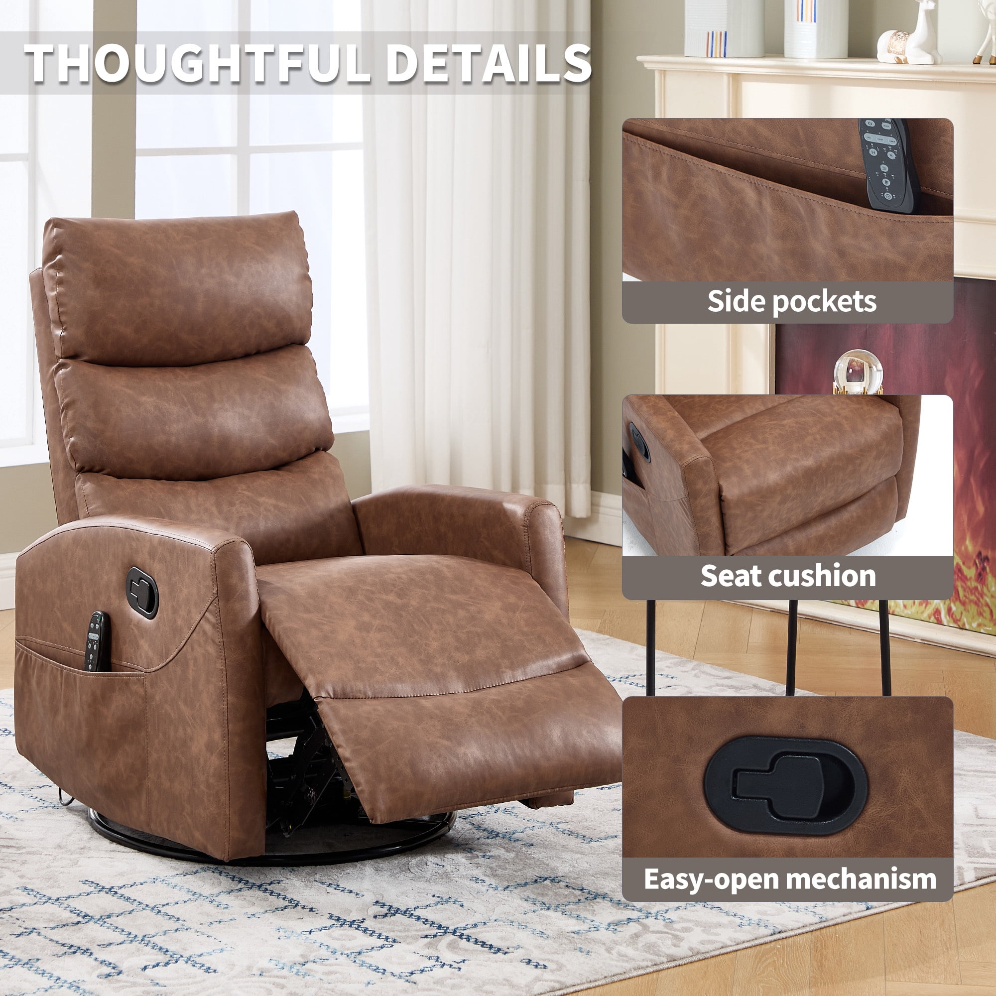 Leumius Swivel Recliner Chair,360° Glider Rocking Chair with Massage and Heating,PU Leather Small Manual Recliner for Nursery Home Theater,Yellow Brown PU