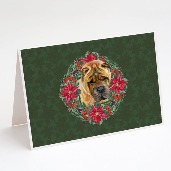 Shar Pei Poinsetta Wreath Greeting Cards and Envelopes Pack of 8