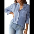 thumbnail image 3 of Camisas de Mujer con Botones, Blusas Clásicas A Rayas de Larga con Cuello y Bolsillo para Oficina. Azul XXL, 3 of 8