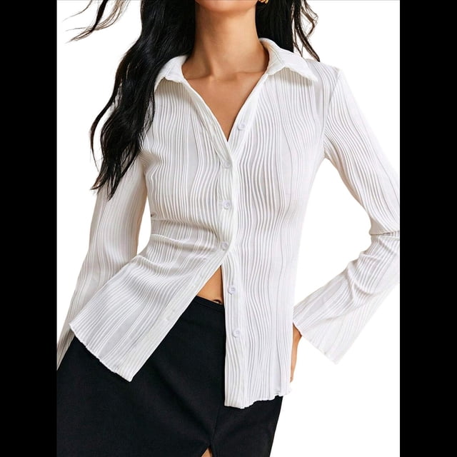 Camisa de Larga con Botones y Textura para Mujer, Blusa Informal para Oficina y Trabajo M