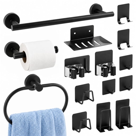 Fixdono Bathroom Hardware Set, 15-Piece Matte Black Bathroom Accessories with Wall-Mounted Towel Bar, Towel Ring, Toilet Paper Holder and Towel Hooks