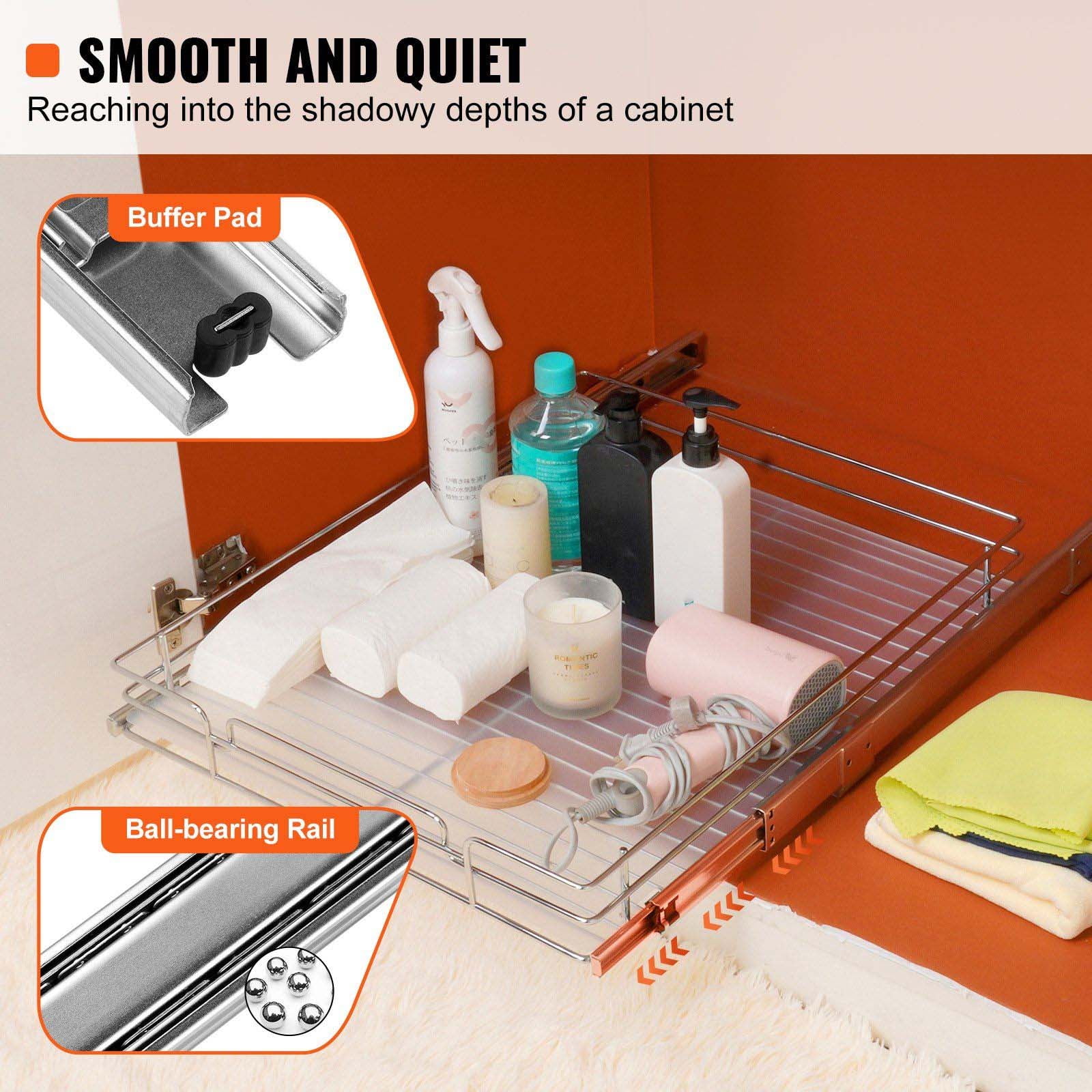 Pull Out Cabinet Organizer 21.5" Sliding Pantry Shelves, Heavy Duty Steel Roll Out Drawers, Under Sink Storage, 23" Cabinet Install Size