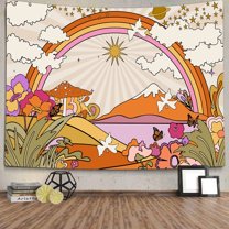 Vintage 70s 60s Groovy Tapestry, Retro Flowers Clouds Sun and Rainbow Tapestry Wall Hanging, Orange Boho Aesthetic Tapestry for Bedroom Living Room Dorm Decor 60 x 51Inch