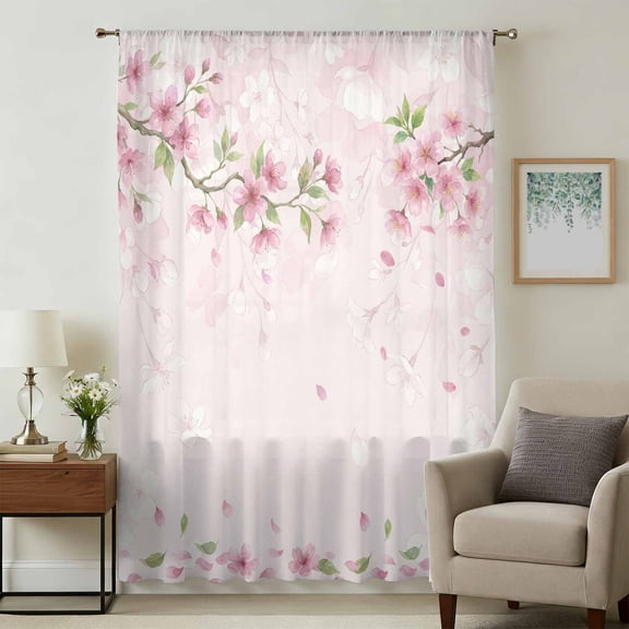 Cherry Blossom Sheer Curtains 84 Inches Long, Spring Farmhouse Botanical Flowers Light Filering Curtains, Breathable Simi Curtain Privacy Drapes for Living Room Bedroom Lightweight Window Treatment