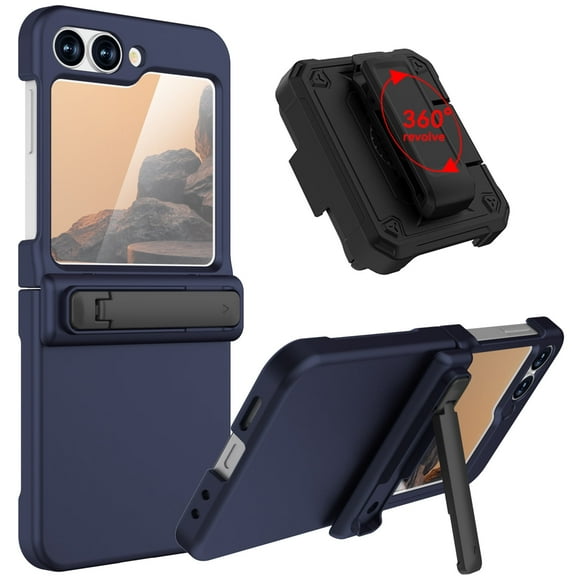 Dteck for Samsung Galaxy Z Flip 7 FE Case / Z Flip 6 Case with Stand & Belt-Clip, Hinge Protection Front Screen Protector Military Grade Drop Protection Rugged Protective Phone Cover,Deep Blue