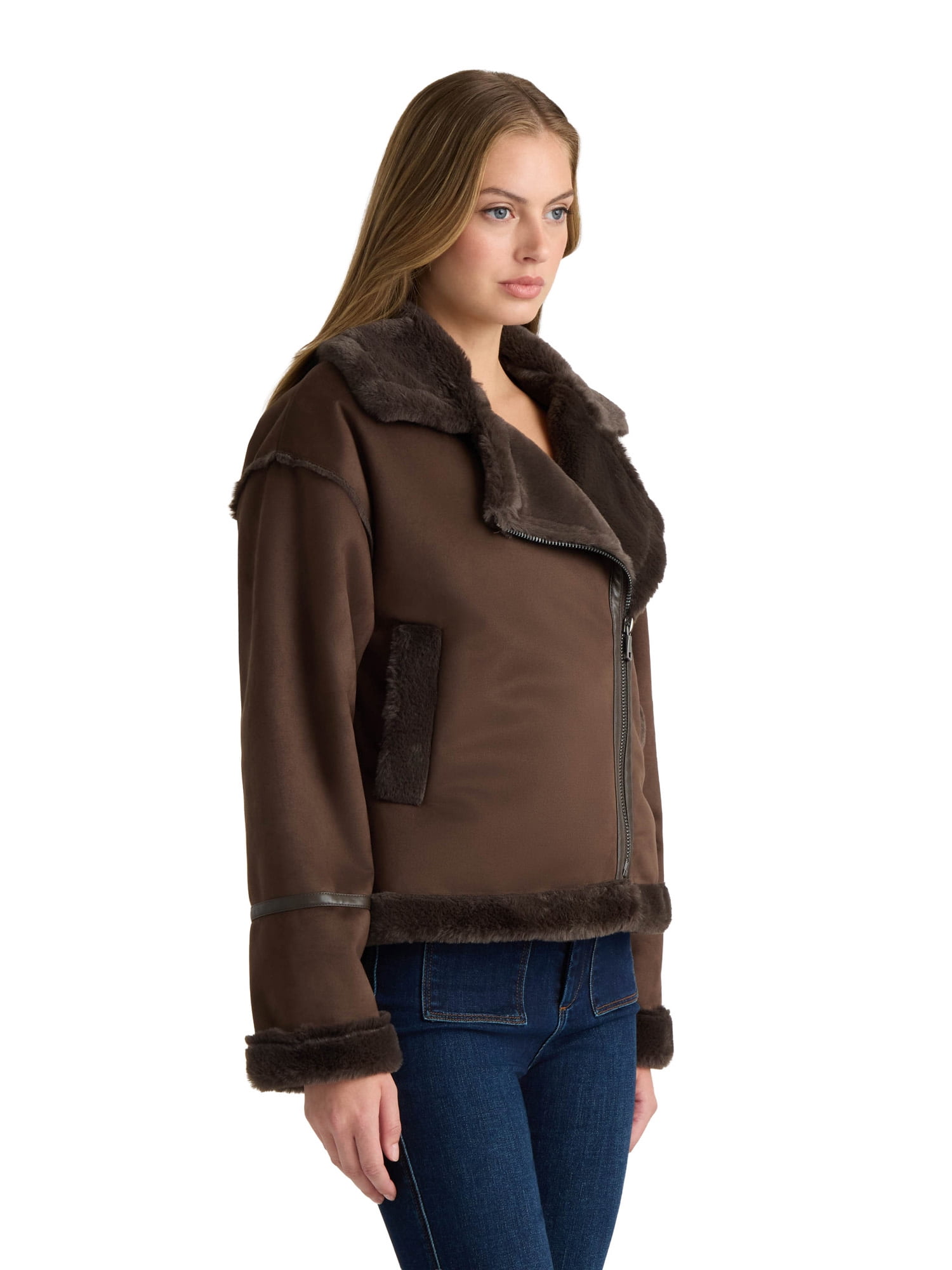 NOVELTI Womens Faux Shearling Short Zip Up Biker Jacket