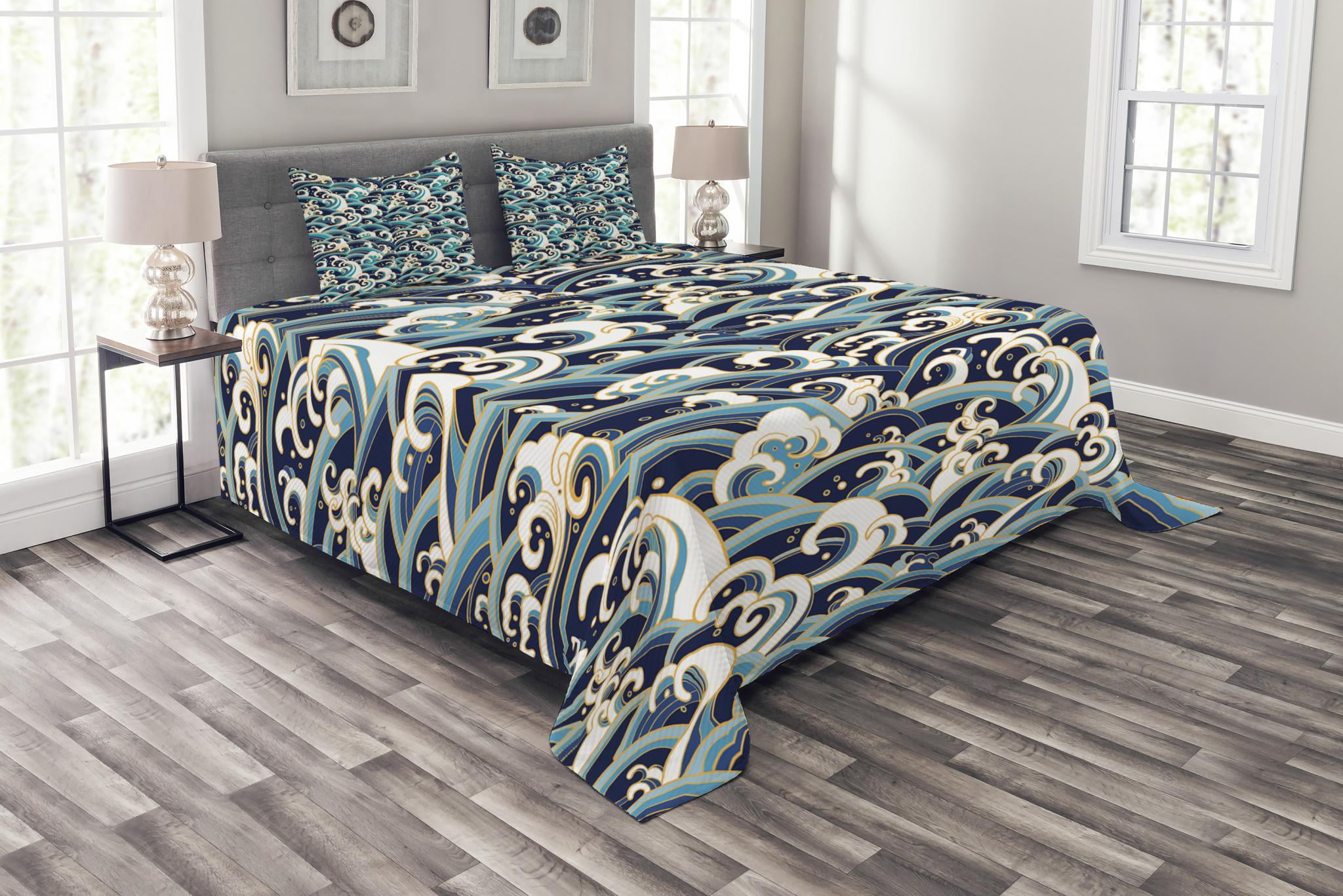 Nautical Bedspread Set, Traditional Oriental Style Ocean Waves Pattern