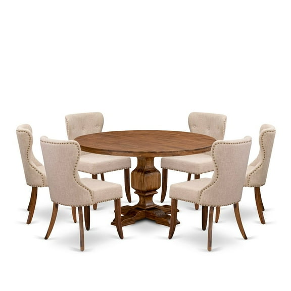 Luxe by East West Furniture 7-Pc Wooden Dining Set A Pedestal Dinner Table, 6 Light Tan Linen Fabric Chairs