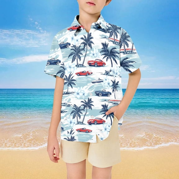 Boys Shirts Short Sleeve Lapel Collar Hawaiian Print Button Down Tops Beach Casual Summer Kids Shirts Size 3-4Y