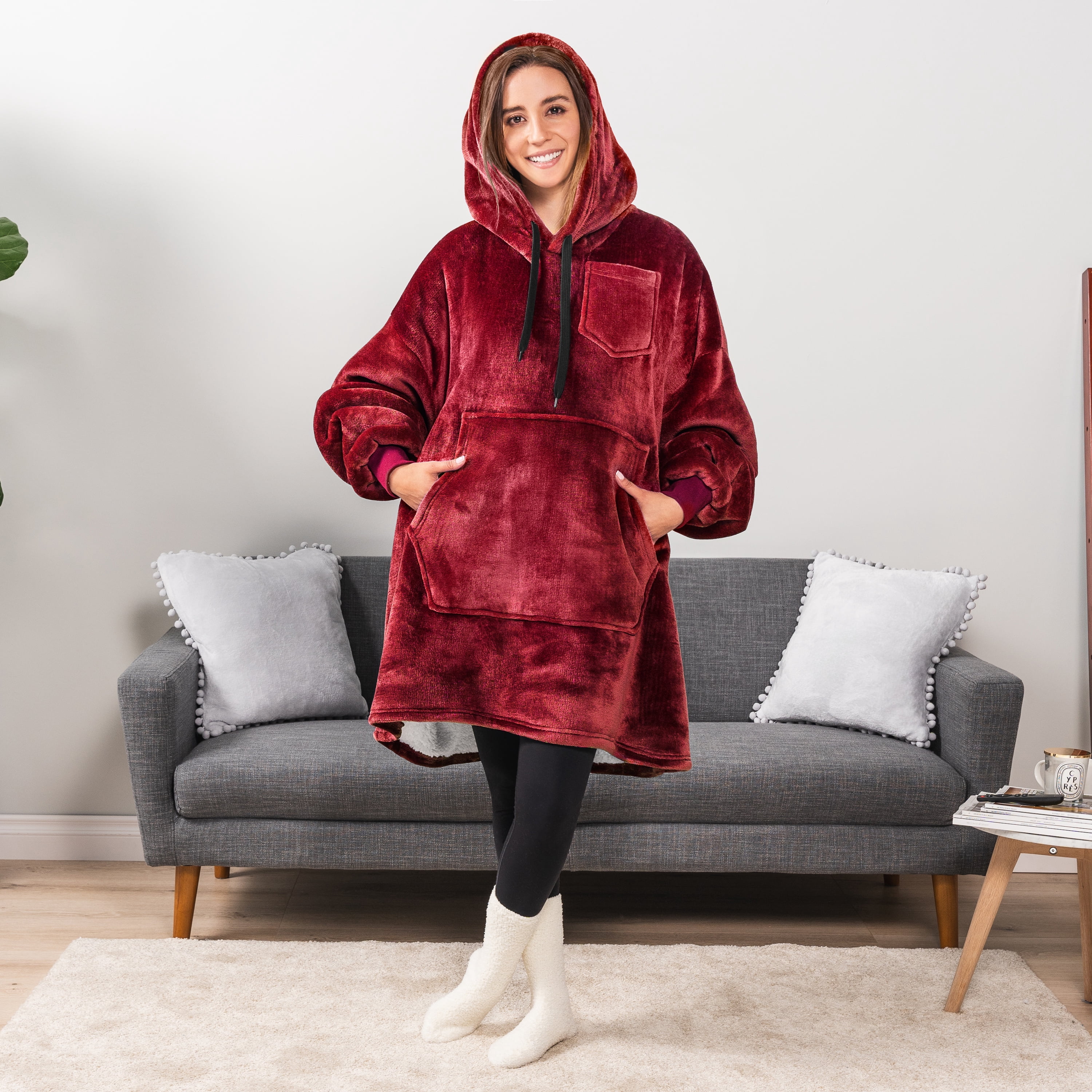 PAVILIA Blanket Hoodie for Women Burgundy, Sherpa Wearable Blanket Men, Cozy Oversized Sweatshirt Blanket, Warm Fleece Hooded Blanket Sweater with Sleeves and Giant Pocket, Wine Red