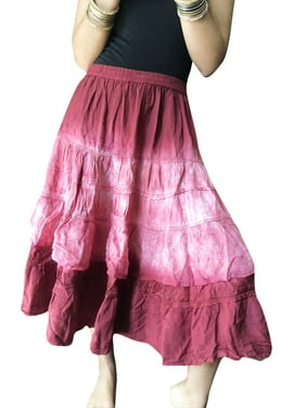 Womens Maxi Skirt Bohemian Pink Tie Dye Skirt Flared Rayon Embroidered Skirts S/M
