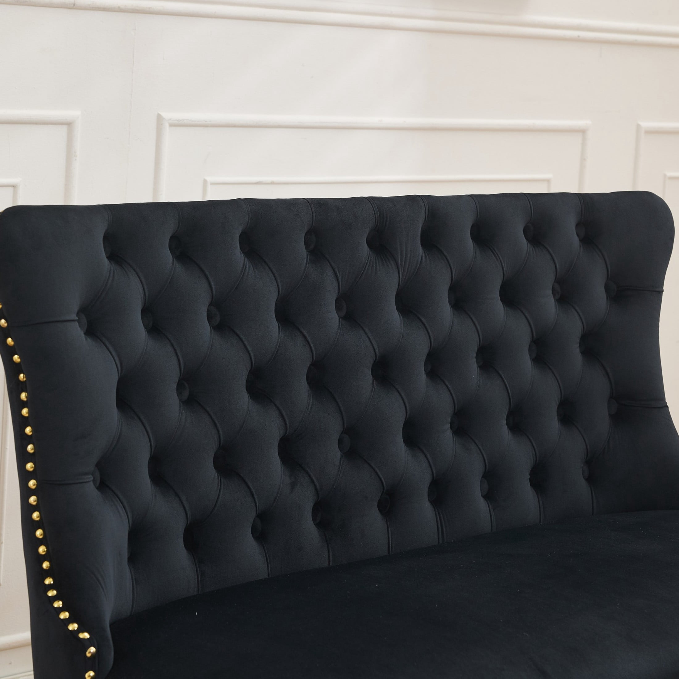 Noble House 2-Seat Velvet Dining Bench, Tufted Wingback Upholstery, Steel Legs, Black + Gold