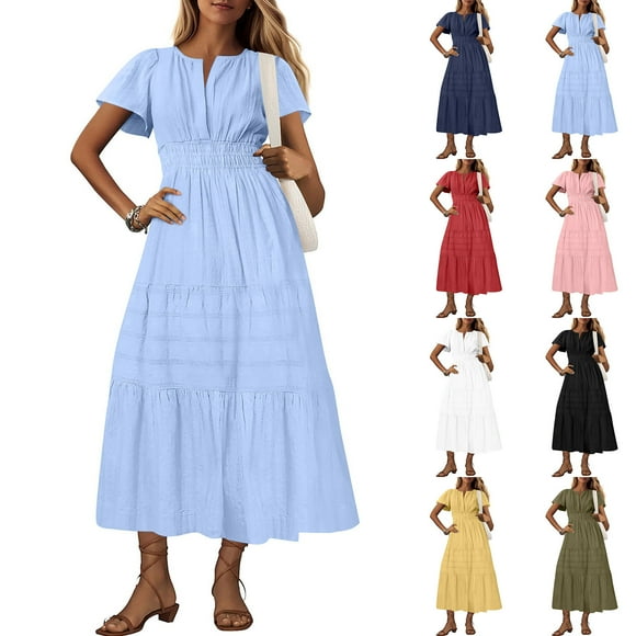 ZVAVZ Women's Plus Size Summer Dresses,Women's Summer Ruched Pleated Midi Maxi Dress Short Sleeve V Neck Long Dress Elastic Waist Boho Beach Dress Pockets Red,XL