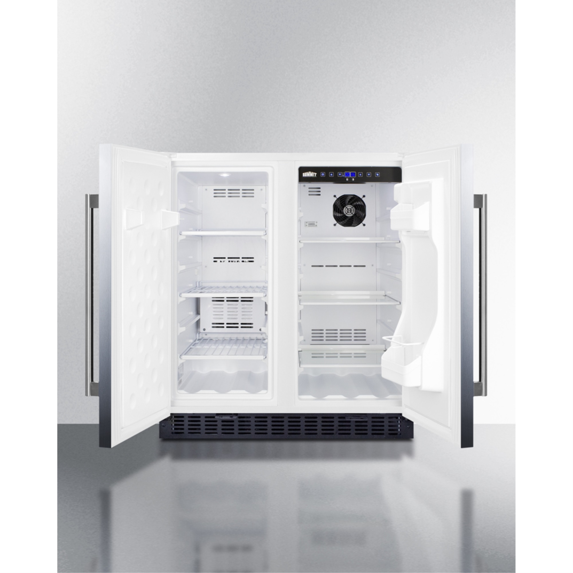 30" wide undercounter frost-free side-by-side refrigerator-freezer with stainless steel doors, white cabinet, locks, stainless steel handles, and digital controls - image 3 of 5