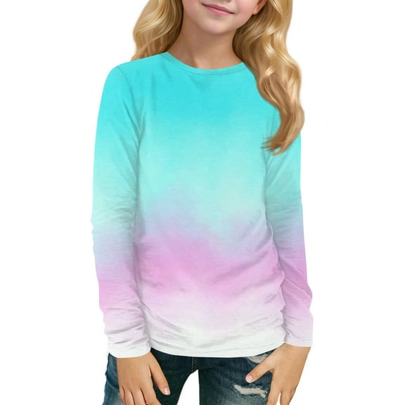 XADYUY Long Sleeve Shirts for Girls 7-8 Trendy Tie Dye Crewneck Shirts for Kids Girls Winter Basic Top for Girls Cotton Girls Blouses 11-12 Years,Cyan
