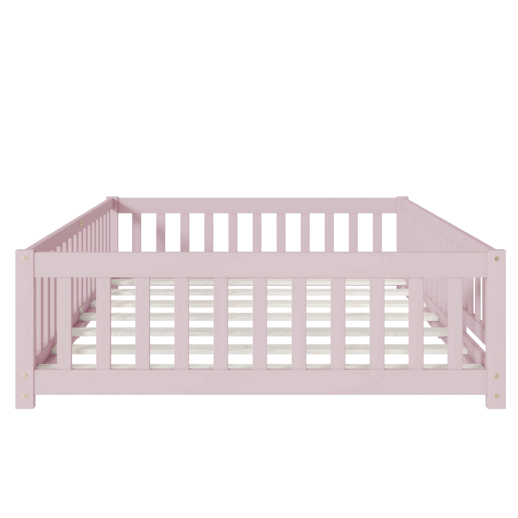 Noble House Full Floor Bed with Safety Guardrails and Door, Rubber Wood Montessori Bed, Kid's Room, Pink