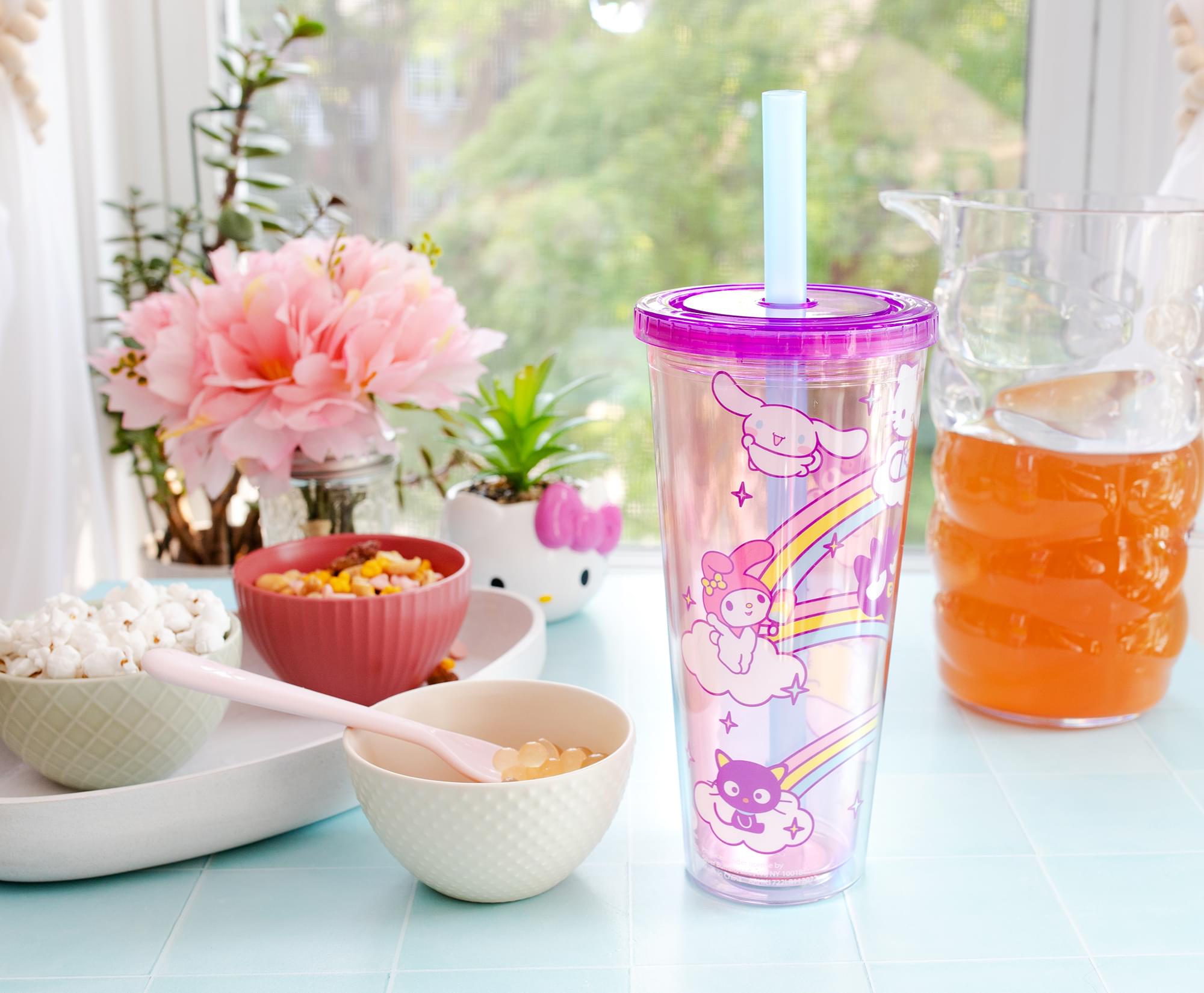 Cute Hello Kitty & friends with rainbows and stars 16oz Frosted Glass Can.