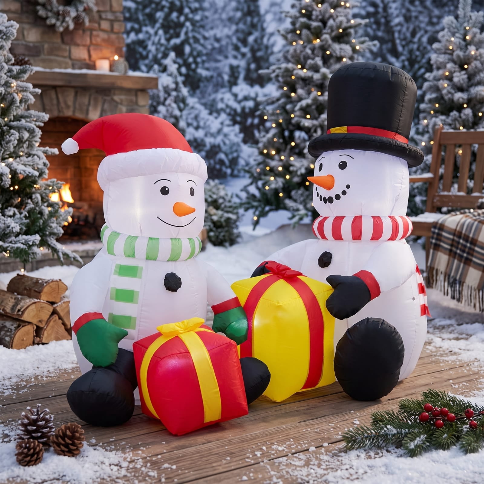 RUIE 5 FT Christmas Inflatables, 2 Blow Up Snowmen with Gift Boxes and LED Lights, Lighted Outdoor Yard Decorations for Lawn Garden - Multicolor
