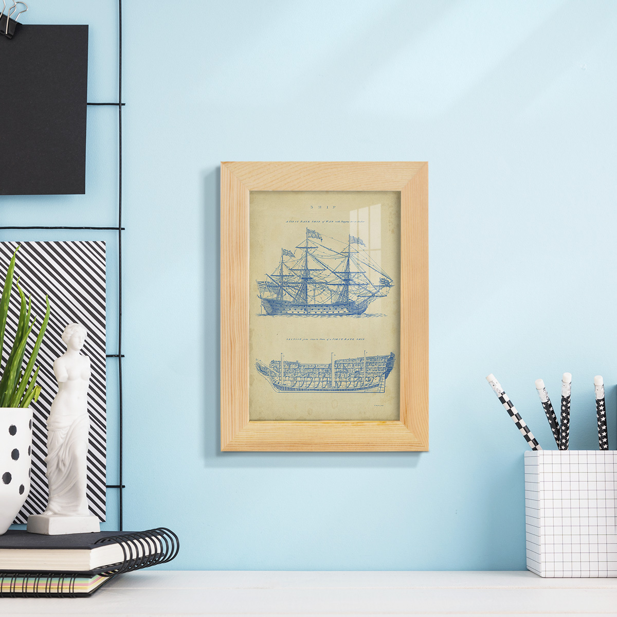 Vintage Ship Blueprint -Framed Print w/glass-Natural Wood