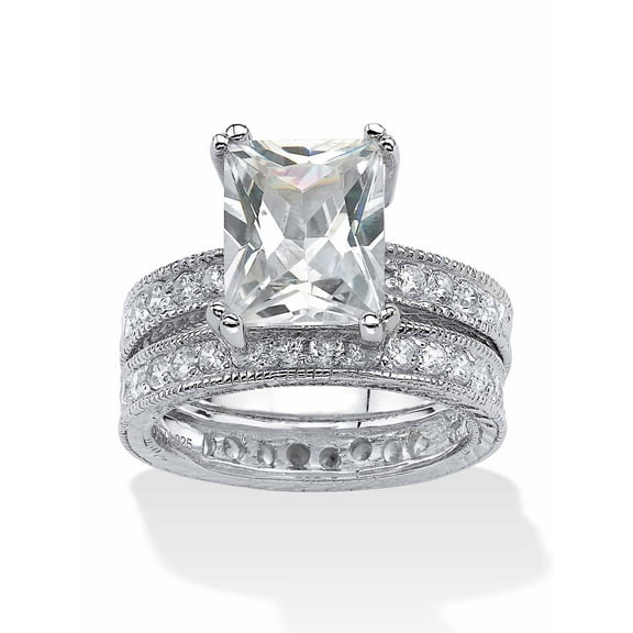 PalmBeach Jewelry 2 Piece 5.98 TCW Emerald-Cut Cubic Zirconia Bridal Ring Set in Sterling Silver